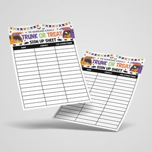 Colorful Halloween sign-up sheet designed for trunk or treat events, editable via Canva, printable for organizing car themes and volunteer information, great for PTA leaders and school party coordinators.