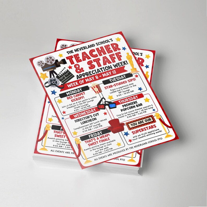 Teacher Staff Appreciation Week Poster Template, Hollywood Theme PTO ...