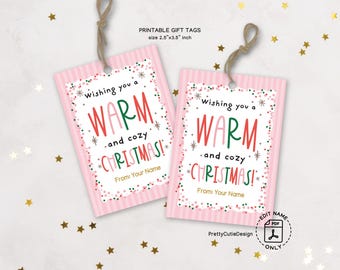 Warm and Cozy Christmas Gift Tags, Pink Printable Holiday Labels for Teachers and Neighbors