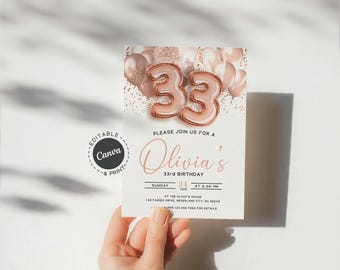 33rd Birthday Invitation for Women, Rose Gold Balloons Party Invite, Printable Adult Birthday Card, Glitter Confetti Elegant Invite