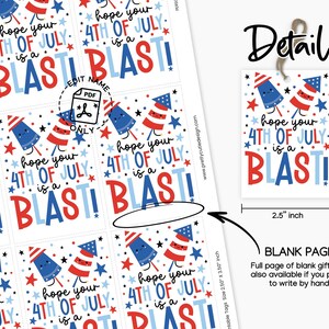 Close-up of printable tag featuring bright and festive design with fireworks and stars, ideal for adding a spark to your 4th of July gifts