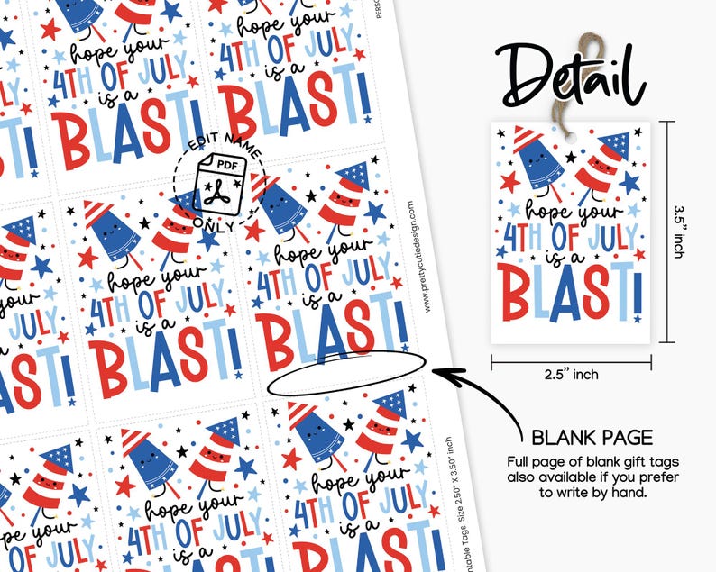 Close-up of printable tag featuring bright and festive design with fireworks and stars, ideal for adding a spark to your 4th of July gifts