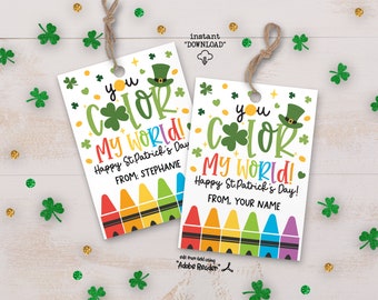 Printable St Patricks Day Tag, School St Patricks Crayon Gift Tags, Kids St Patricks Day Party Favor Tags, Happy St Patricks Gift Tag