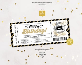 Car Detailing Gift Certificate Ticket Gift Voucher Template, Car Detail Coupon Template Printable, Car Lover Birthday Surprise Gift Ticket
