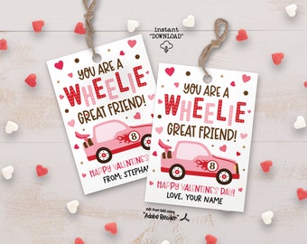 You Are A Wheelie Great Friend Printable Valentine Gift Tags, Wheelie Valentine, Race Car Valentines For Kids Non Candy Valentines Day Tag