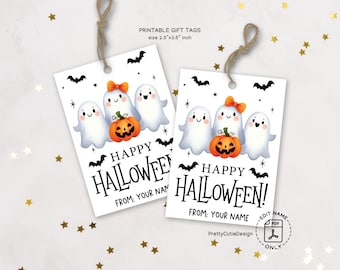Happy Halloween Gift Tags Printable, Cute Ghost Halloween Tags, Trick or Treat Bag Tags, Halloween Favor Tags with Pumpkin and Bat Design
