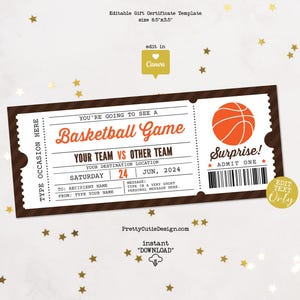Modèle de billet de basket-ball, bon d'anniversaire imprimable, billet de match surprise billet de basket-ball, modèle de chèque-cadeau de basket-ball sur toile