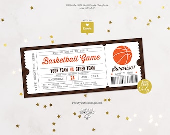 Basketball Ticket Template Printable Birthday Voucher, Basketball Ticket Surprise Game Ticket, Basketball Gift Certificate Canva Template