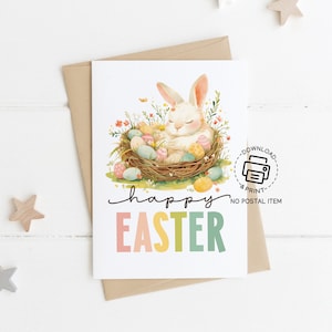 Cartão de feliz Páscoa, cartão para impressão de coelho de Páscoa, cartão postal para impressão de coelho de Páscoa, cartão de felicitações em branco de coelhinho de Páscoa em aquarela