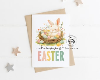 Happy Easter Card, Bunny Easter Printable Card, Easter Bunny Rabbit Printable Postcard, Watercolor Easter Bunny Blank Greeting Card