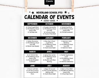 School PTO PTA Black and White Yearly Calendar Template, Editable Monthly School Events Planner Canva, Parent Organization Newsletter