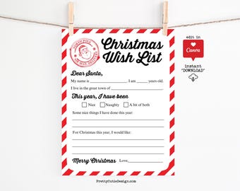 Christmas Wish List, Letter to Santa Printable, Kids Form, Editable Canva Template