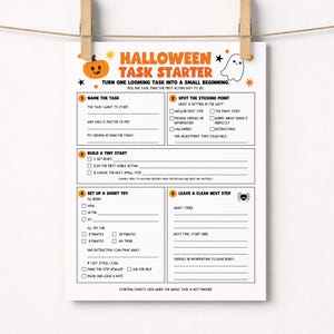 Könnte beinhalten: Ein weißes Halloween Task Starter Arbeitsblatt mit orangefarbenem und schwarzem Text. Es enthält eine Kürbis- und Geisterillustration, fünf nummerierte Abschnitte zur Aufgabenplanung, Kontrollkästchen und Zeilen. Der Titel lautet Halloween Task Starter.