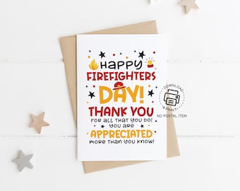 Happy Firefighters Day Card Printable, Firefighter Appreciation Card, Thank You Firefighter Card, Fire Truck Printable Card Instant Download