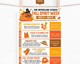 Fall Spirit Week Flyer Template: School Theme Week Schedule, Editable Canva Design