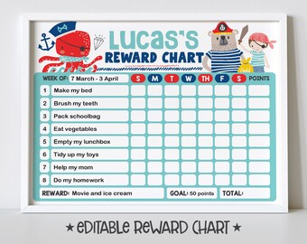 Pirate Boy Reward Chart for Kids, Simple Kids Editable Reward Chart - Digital Template INSTANT DOWNLOAD
