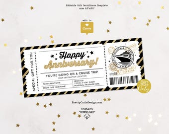 Anniversary Cruise Trip Gift Certificate Template, Printable Cruise Couple Voucher, Romantic Canva Editable Boarding Pass Ticket Surprise