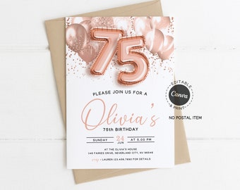 75th Birthday Invitation for Women, Rose Gold Balloon Birthday Invite, Elegant Printable Birthday Party Card for Her, Milestone Invite