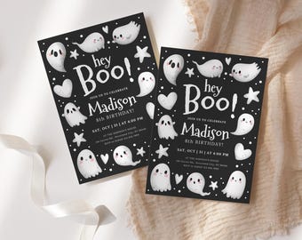 Editable Halloween Birthday Invitation Template, Cute Ghost Party Invite for Kids, Spooky Boo Theme, Canva Printable Digital Download