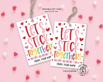 Let's Stick Together Valentine Tag, Classroom Valentine Stickers Gift Tag Printable Favor Tags, Non Candy Valentine Gift Tag for Kids