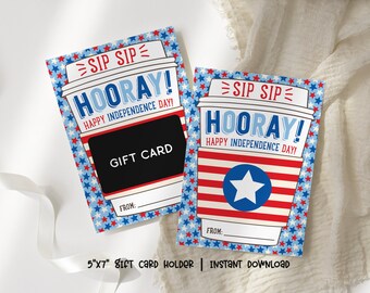 Sip Sip Hooray Gift Card Holder, 4th of July Printable, Patriotic Gift Card Envelope, Red White and Blue, Independence Day Teacher Gift