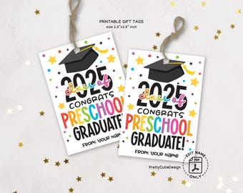 Preschool Graduation Gift Tag Class of 2025, Congrats Grad Rainbow Printable, End of Year Favor Tag for Kids, Instant Download PDF