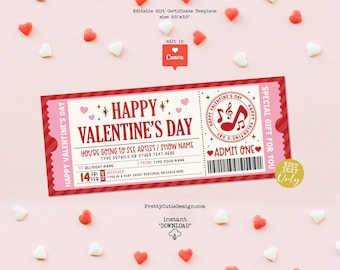 Valentine's Day Surprise Gift Ticket, Concert Gift Certificate Template, Concert Gift Voucher Template, Concert Surprise Gift Ticket