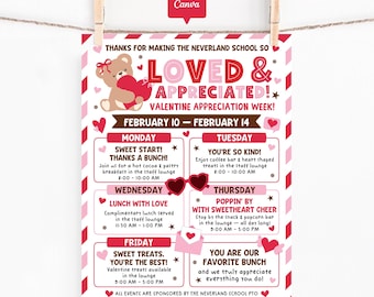 Valentine Staff Appreciation Week Flyer Template, PTO Teacher Lounge Schedule, Editable Canva Poster