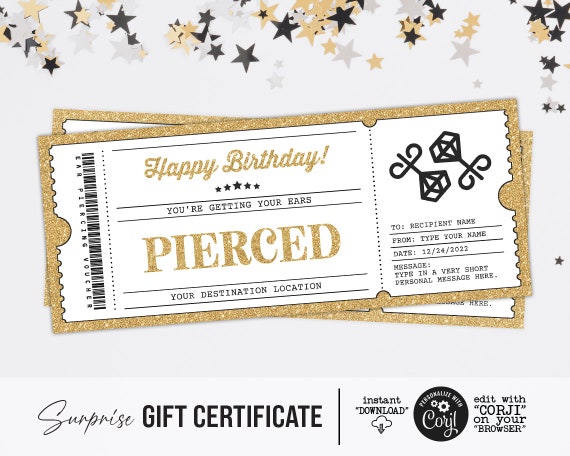 Ear Piercing Gift Certificate Template Ear Piercing Voucher - Etsy