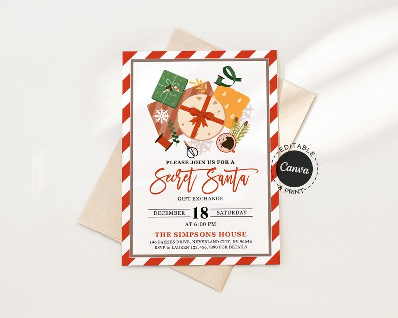 Editable Christmas Party Invitation, Secret Santa and Gift Exchange