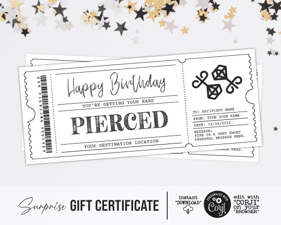 Ear Piercing Certificate Template Ear Piercing Gift Voucher - Etsy UK