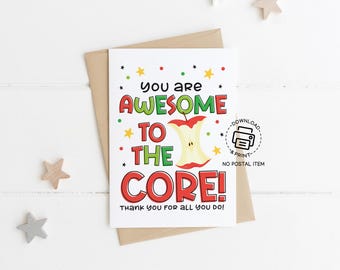 Awesome to the Core Teacher Appreciation Card, Printable Teacher Thank You Card, Cute Apple Theme, Teacher Week Gift from Student