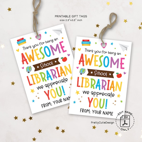 Etichetta di apprezzamento per il bibliotecario scolastico, Etichette regalo stampabili per la Settimana di apprezzamento del personale scolastico, Regali di apprezzamento per la scuola per i bibliotecari