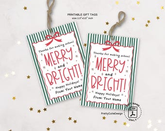 Teacher Christmas Gift Tags, Merry and Bright, Printable Holiday Labels for School