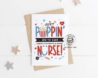 Just Poppin' By to Say Thanks Nurse Card, Printable Nurses Week Thank You Card, Instant Download Popcorn Gift Tag for Nurse Appreciation