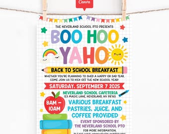 Boo Hoo Yahoo Breakfast Flyer Printable, Editable Back to School Event Sign Canva Template, PTO Parent Welcome Poster with Rainbow Sunshine