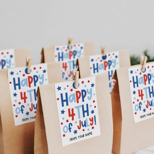 Patriotic Fourth of July gift tag download featuring colorful text and stars, editable field for personalizing name, great for party treat bags