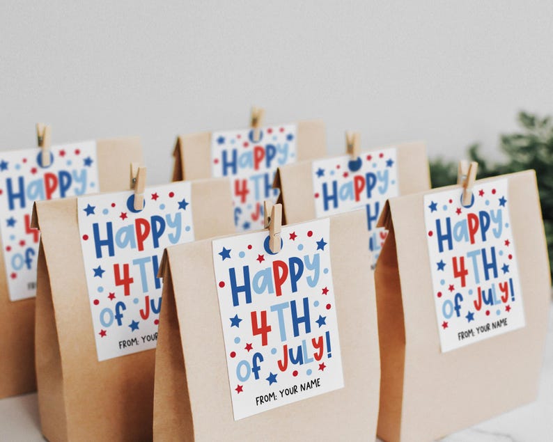 Patriotic Fourth of July gift tag download featuring colorful text and stars, editable field for personalizing name, great for party treat bags