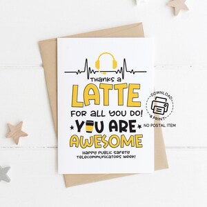 Carte de voeux de répartiteur imprimable, carte de remerciements pour un café au lait pour les opérateurs du service 911, note d'appréciation pour la semaine des télécommunications de la sécurité publique