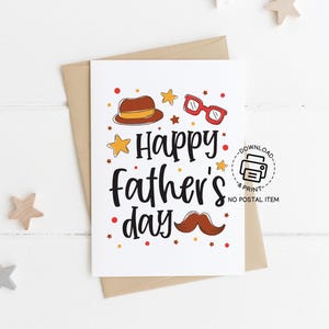 Cartão de felicitações para o Dia dos Pais para impressão, Cartão de feliz Dia dos Pais com chapéu e bigode para download instantâneo, Cartão fofo para o pai de crianças ou família