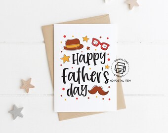 Father's Day Greeting Card Printable, Happy Father’s Day Card with Hat and Mustache Instant Download, Cute Dad Card from Kids or Family