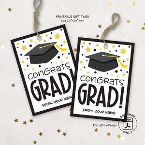 Etichetta regalo di congratulazioni per laureati stampabile, etichetta bomboniera per la festa di laurea per la classe dell'ultimo anno 2025, etichetta per borsa regalo di laurea in oro nero da scaricare in formato PDF