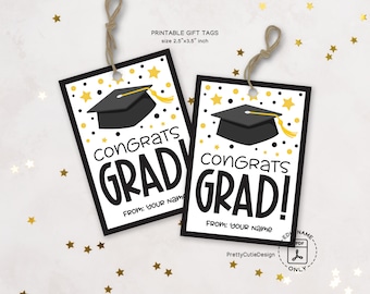 Congrats Grad Gift Tag Printable, Graduation Party Favor Tag for Senior Class 2025, Black Gold Graduation Treat Bag Tag PDF Download