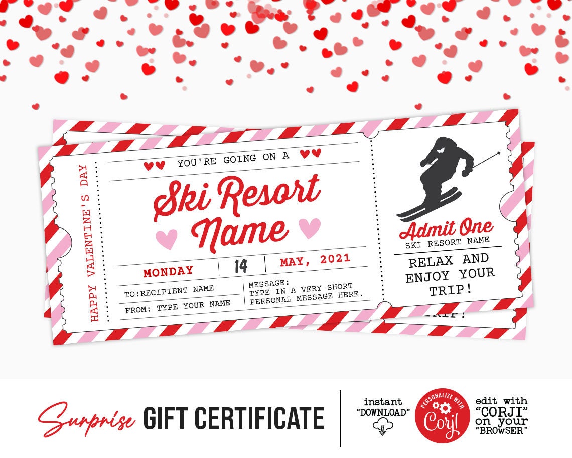 Paper Printable Skiing Trip Ticket Gift Voucher Pass Certificate