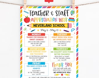 Teacher Appreciation Week Itinerary Flyer Template, Teacher and Staff Appreciation Flyer Editable Newsletter Itinerary Schedule