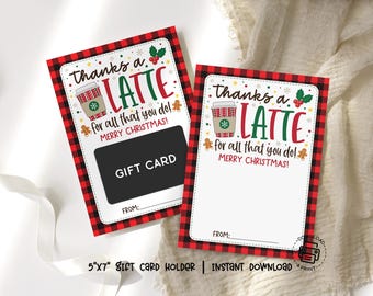 Coffee Gift Card Holder Printable: Thanks a Latte, Christmas Buffalo Plaid, Holiday Pun (PDF)