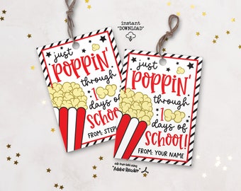 100 Days Of School Gift Tags, Happy 100th Day Of School Popcorn Tag Gift For Teacher, Classroom Treat Tags Printable 100 Days Of School Gift