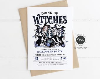 Drink Up Witches Halloween Party Invitation: Editable Cauldron Design (Digital Download, 5x7in Canva Template)