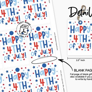 Close-up of Independence Day printable tag with bright stars and editable “From: Your Name” text, perfect for home printing and celebrations