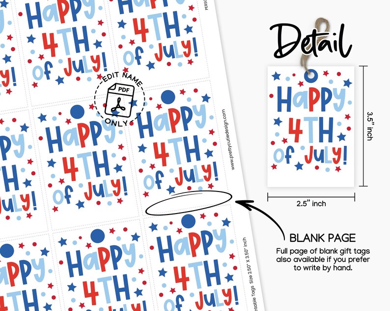 Close-up of Independence Day printable tag with bright stars and editable “From: Your Name” text, perfect for home printing and celebrations